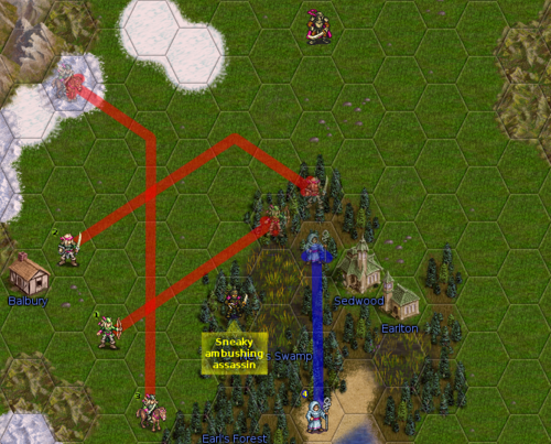 Red lines are planned moves for the current player, the blue line is a move planned by his ally. What, assassins don't have ambush? Well, this one does :P.