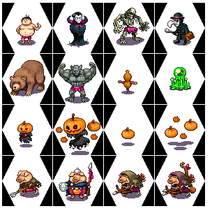 1. chubby guy<br />2. vampire lord<br />3. troll skeleton<br />4. plague doctor<br />5. grizzly<br />6. troll brawler<br />7. practice dummy<br />8. glob<br />9-12. pumpkin spirits + posessed pumpkins.<br />13-16. porcs