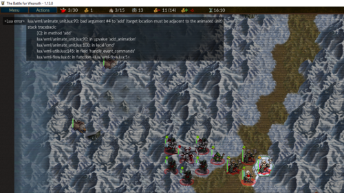 Screenshot of unit placement and Lua debug text