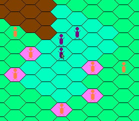 Feature preview. The selected violet unit can move 3 fields on green terrain, cannot move on brown terrain, and does not have skirmish. It makes visible which units can be attacked, and which are protected by ZoC.