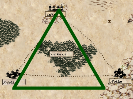 Equilateral triangle overlaid on the city bit of the map