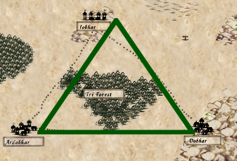 Isoceles triangle overlaid on the city bit of the map