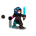 Glowing sword and boots.