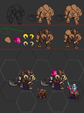 Sample of the first two days work. I wish to make two different minotaurs, one more cave like and the other with some armours (see the pauldron for example) and a stronger (different) axe (just like happens for the same unit but with different levels, respectively Lv.4 and Lv.5). Again, this is a very early work in progress, I know my taste and what I wish to achieve but I am not sure of my actual skills, but yesterday I would have never told that I could have made this.<br />Note: the dwarf and the cavalryman are mainline units I used to compare the size. I recall they are made by Sleepwalker (love his pixel style)