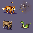 Cow, fox, bee' swarm, snake