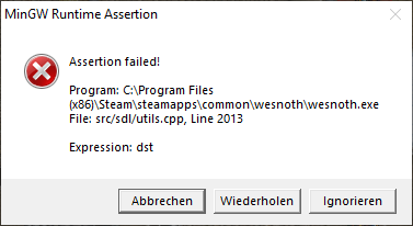 I moved Tharsung to my lvl 3 town center. Before the dialog opened, this message appeared. I picked 'wiederholen', upon which it told me that the wesnoth client doesn't work anymore and that it's debugging.